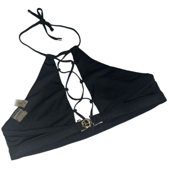 Beach Bunny Black Reese High Neck Halter Strappy Front Bikini Top Size Medium - Picture 6 of 7